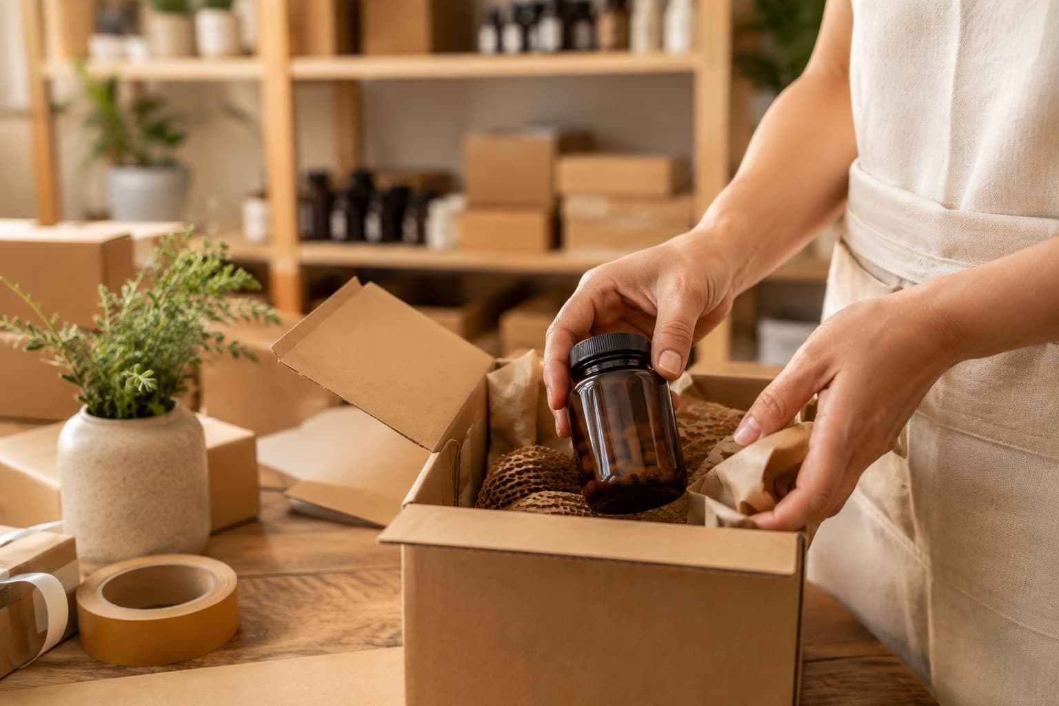 A wellness product being carefully packed for delivery
