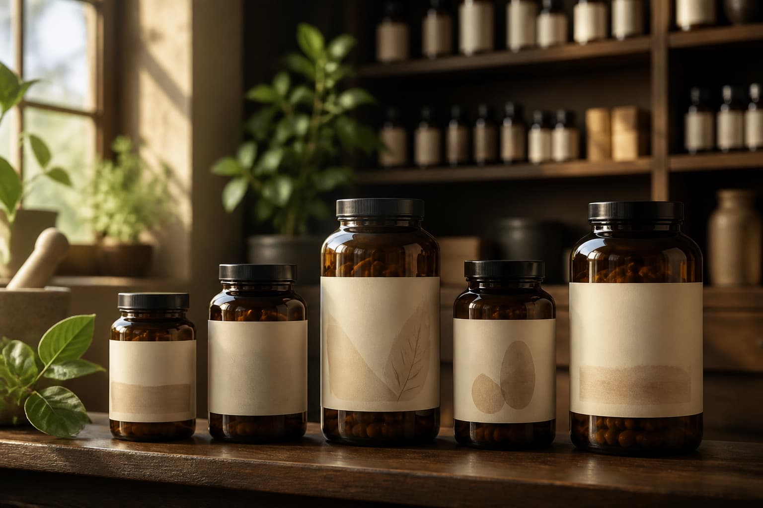 Wellness products displayed in a warm, sunlit apothecary